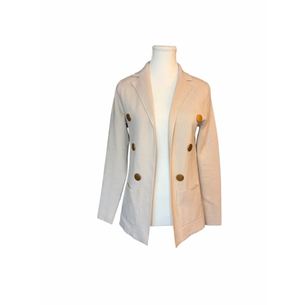 Sioni Double Breasted Knit Blazer XS Beige Gold Button Tailored Sweater Jacket - Picture 2 of 5